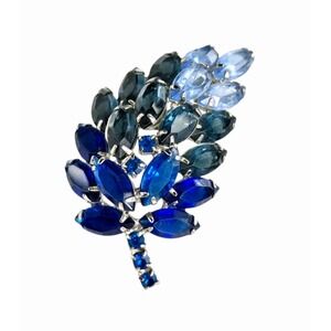 Royal Blue Ombre Marquis Cut Rinestone Leaf Silver Tone Open Back Brooch Pin Vtg